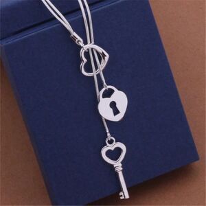925 Sterling Silver Heart Lock & Key Pendant Necklace Dangle Charm Chain Fashion